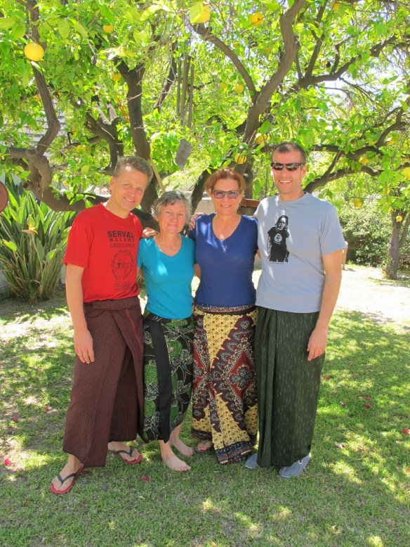 our friends Shelley and Detlef who gave us a home when we arrived in LA. Nadine  and Shelley wear fabrics from Africa while Detlef and I sport longyis from Myanmar